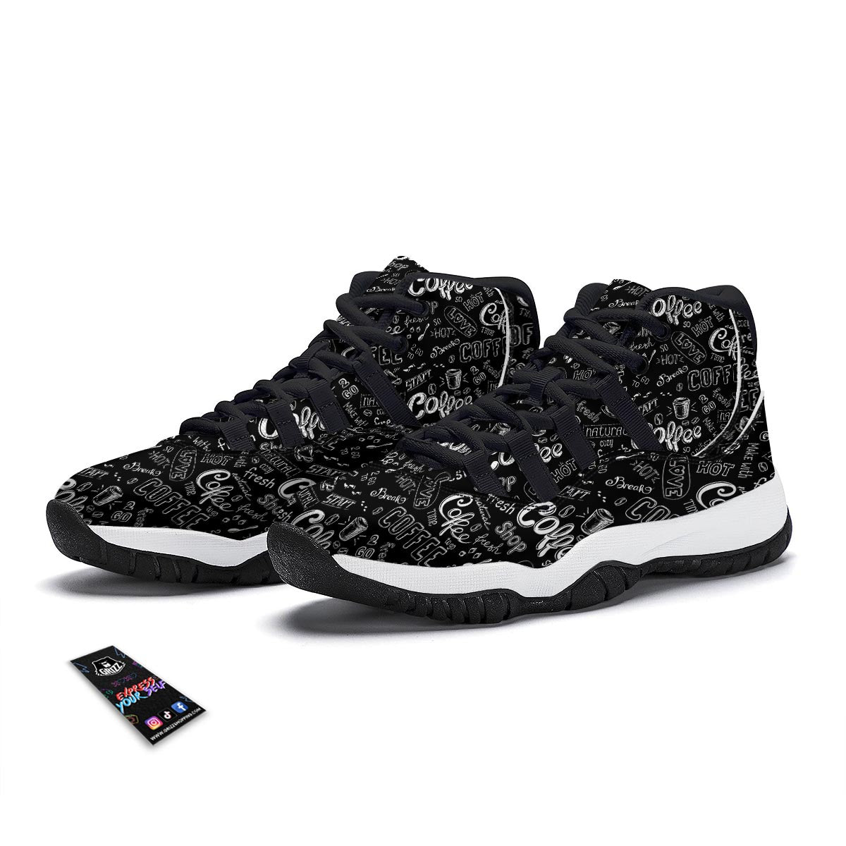 Coffee Black Pattern Print Black Bball Shoes-grizzshop