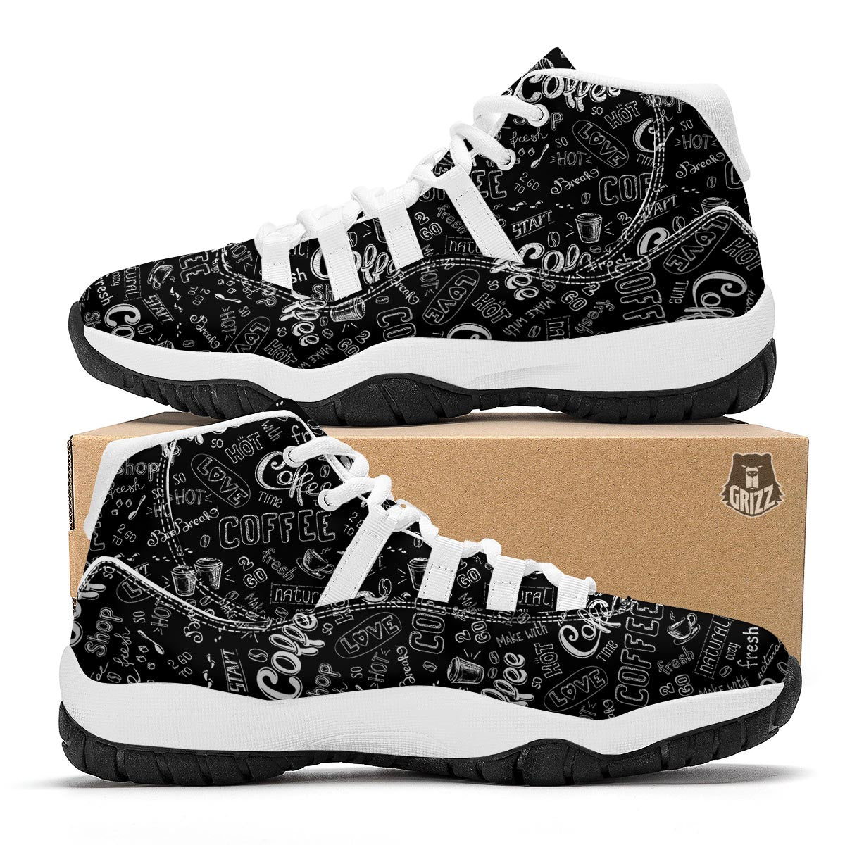 Coffee Black Pattern Print White Bball Shoes-grizzshop