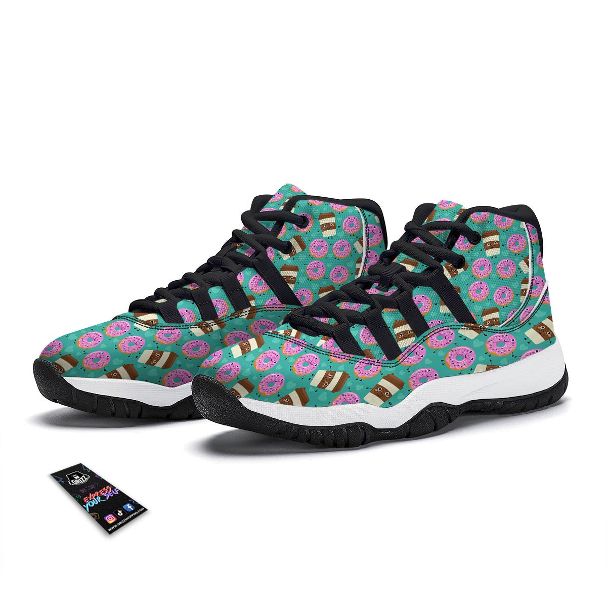 Coffee Donut Pattern Print Black Bball Shoes-grizzshop