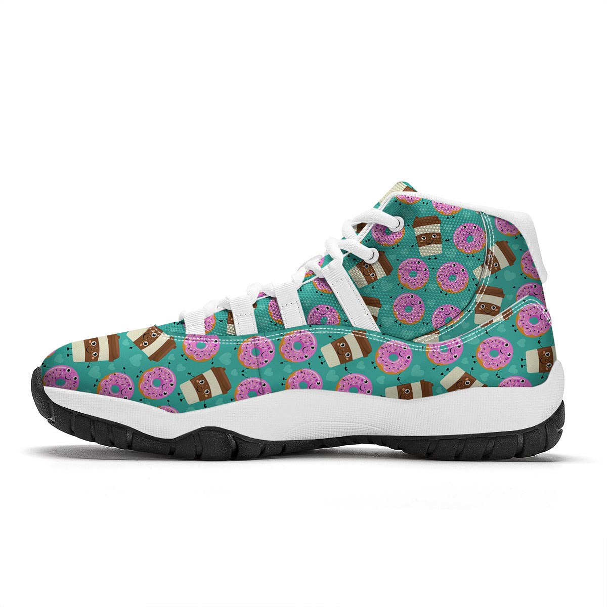 Coffee Donut Pattern Print White Bball Shoes-grizzshop
