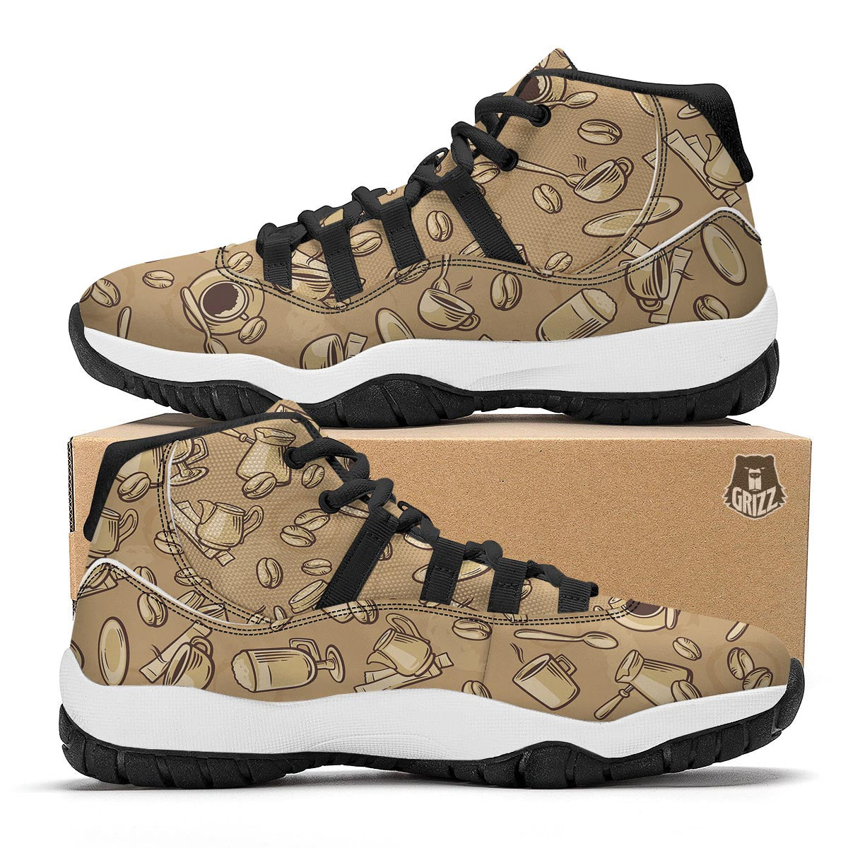 Coffee Pattern Print Black Bball Shoes-grizzshop