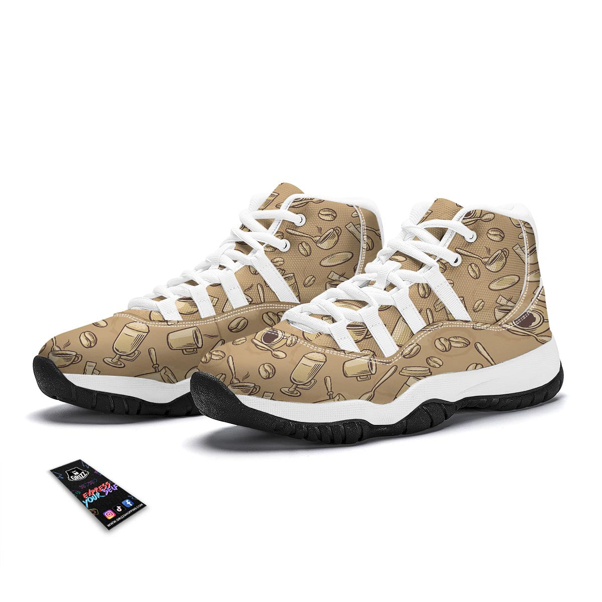 Coffee Pattern Print White Bball Shoes-grizzshop