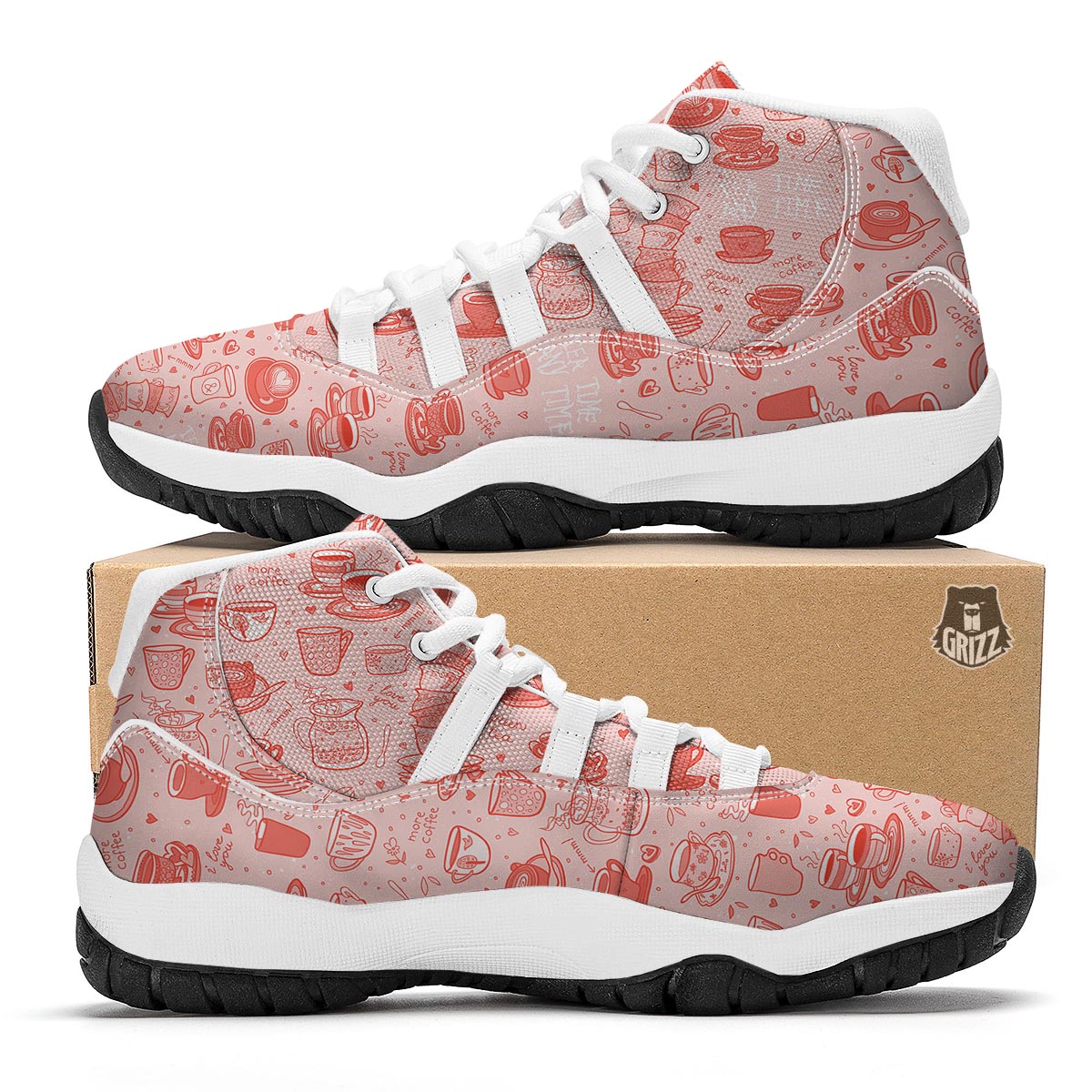 Coffee Pink Pattern Print White Bball Shoes-grizzshop