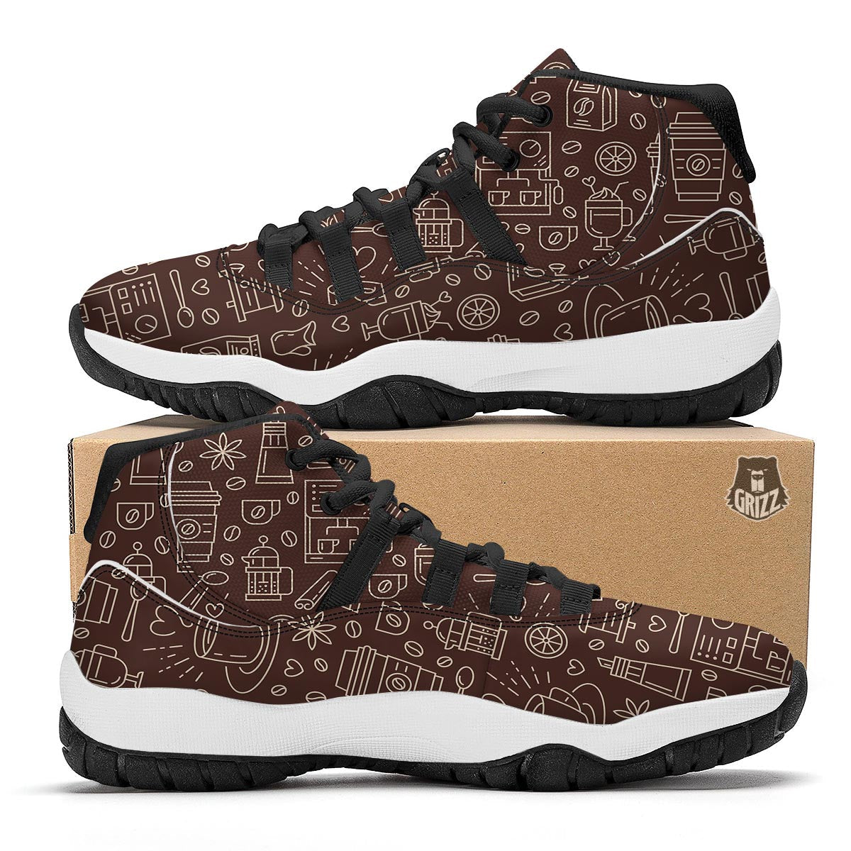 Coffee Print Pattern Black Bball Shoes-grizzshop