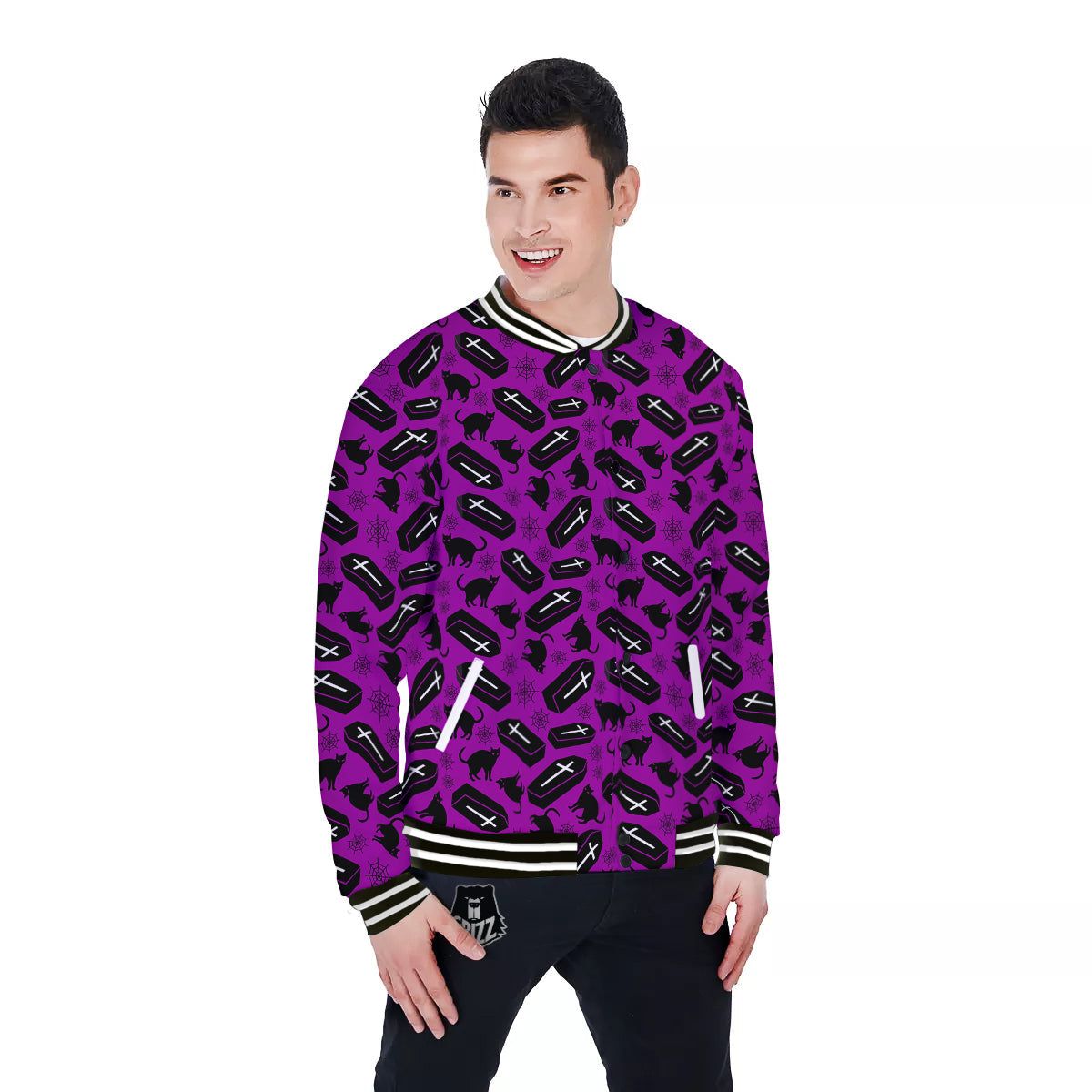 Coffin And Cat Purple Print Pattern Baseball Jacket-grizzshop