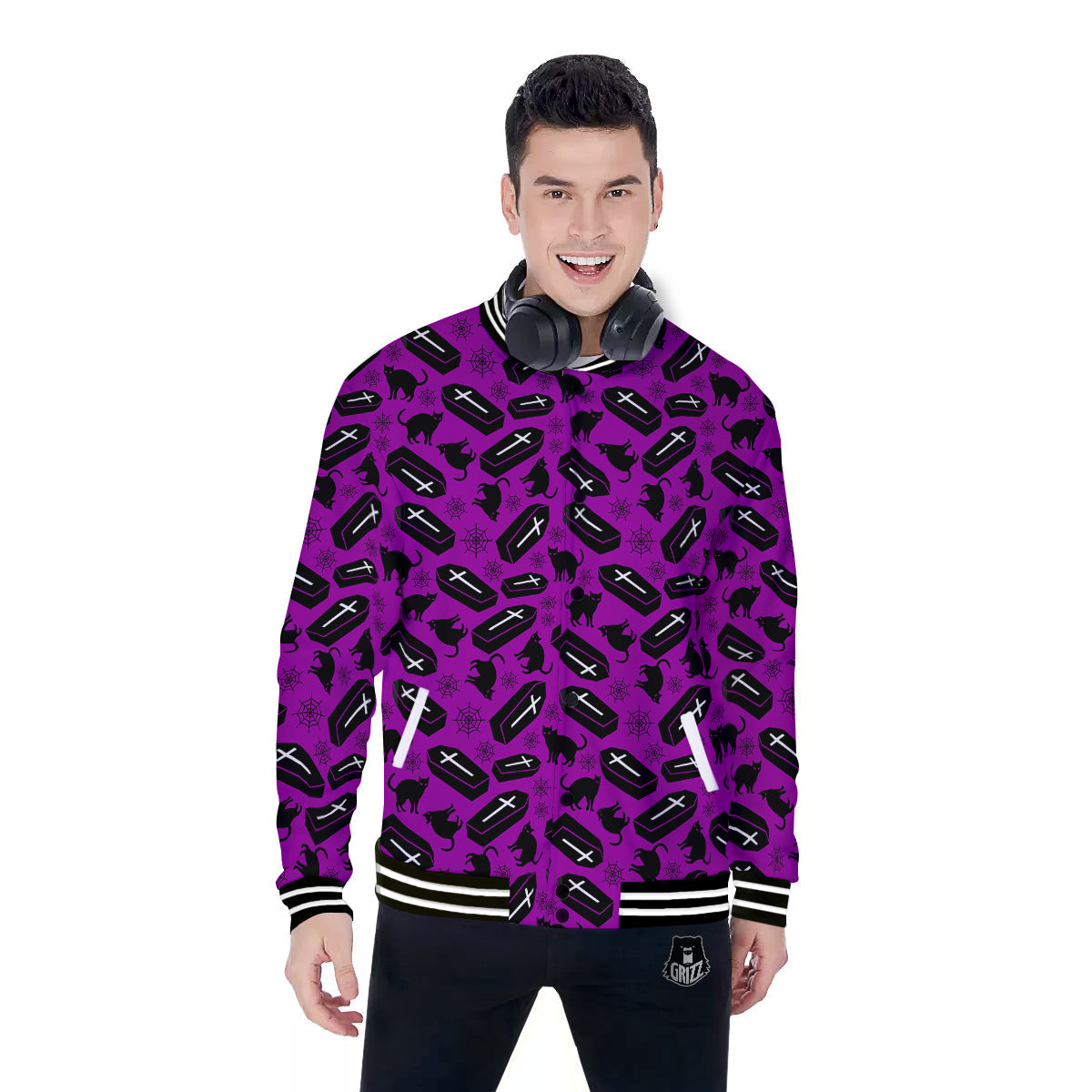 Coffin And Cat Purple Print Pattern Baseball Jacket-grizzshop