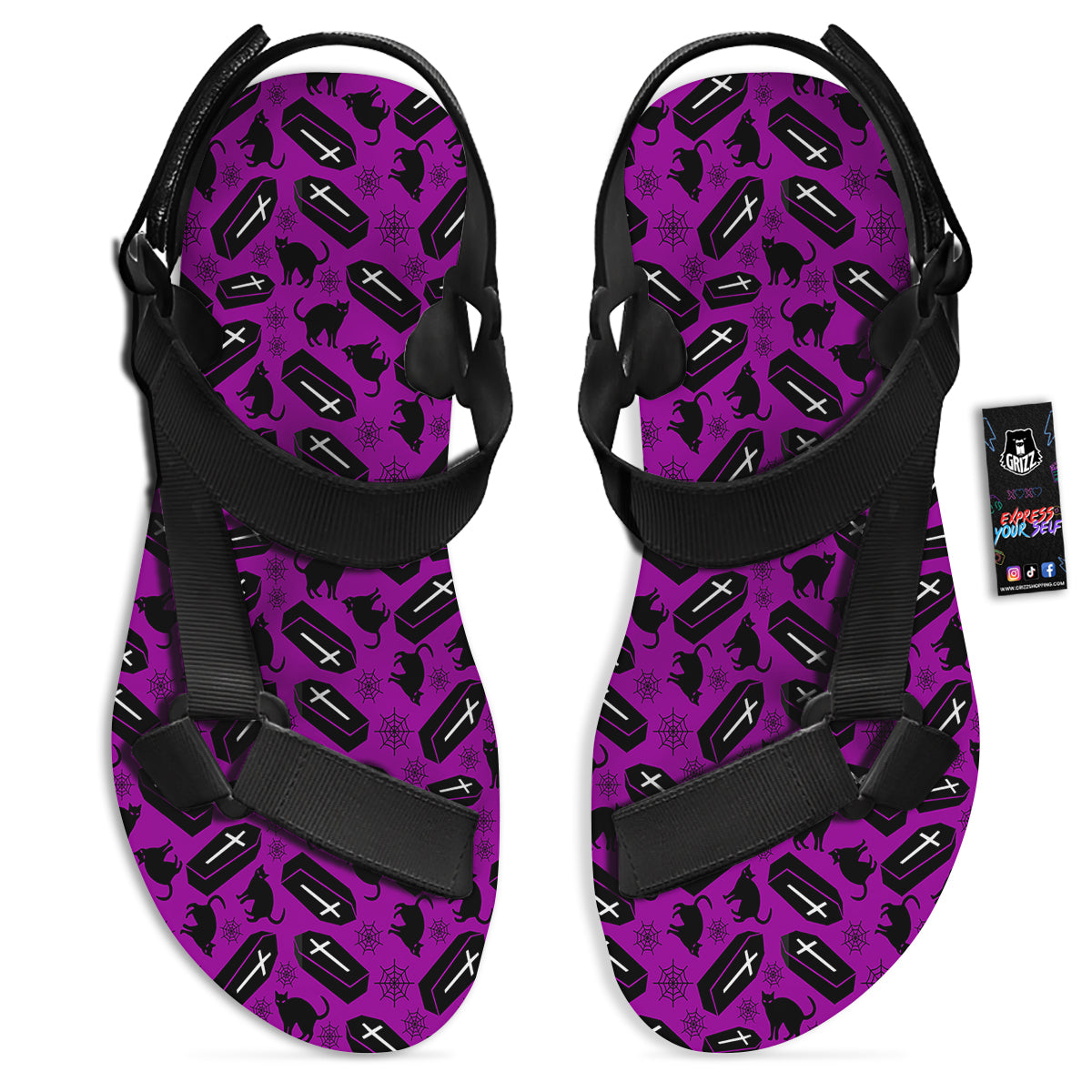 Coffin And Cat Purple Print Pattern Black Open Toe Sandals-grizzshop