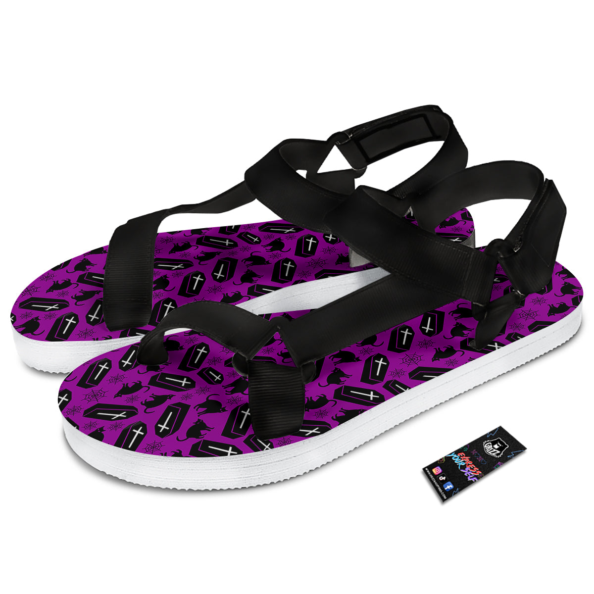 Coffin And Cat Purple Print Pattern Black Open Toe Sandals-grizzshop