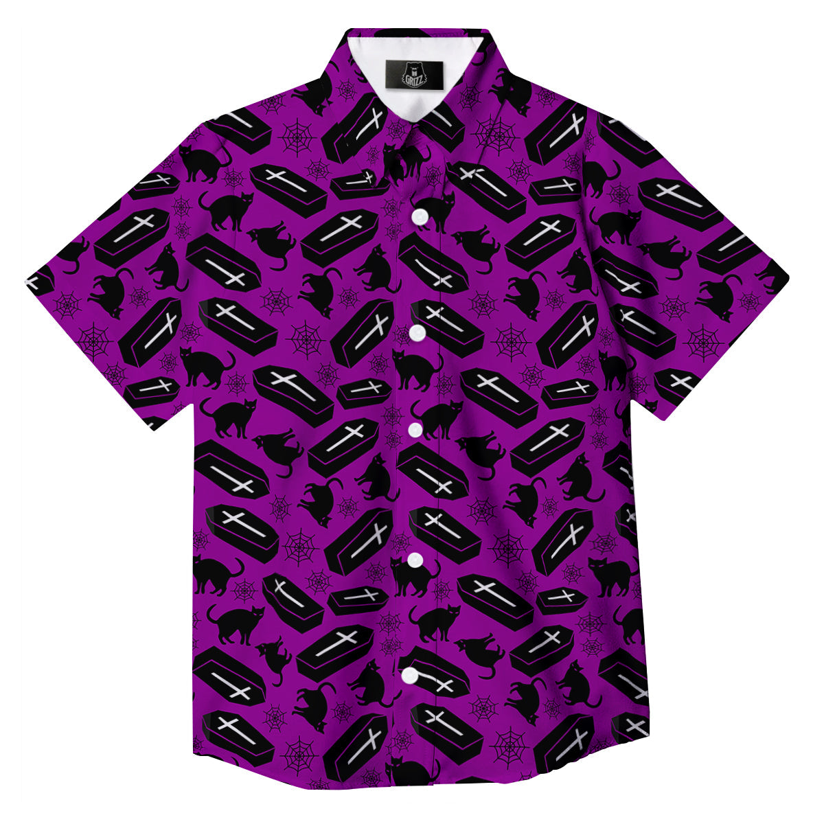 Coffin And Cat Purple Print Pattern Button Up Shirt-grizzshop