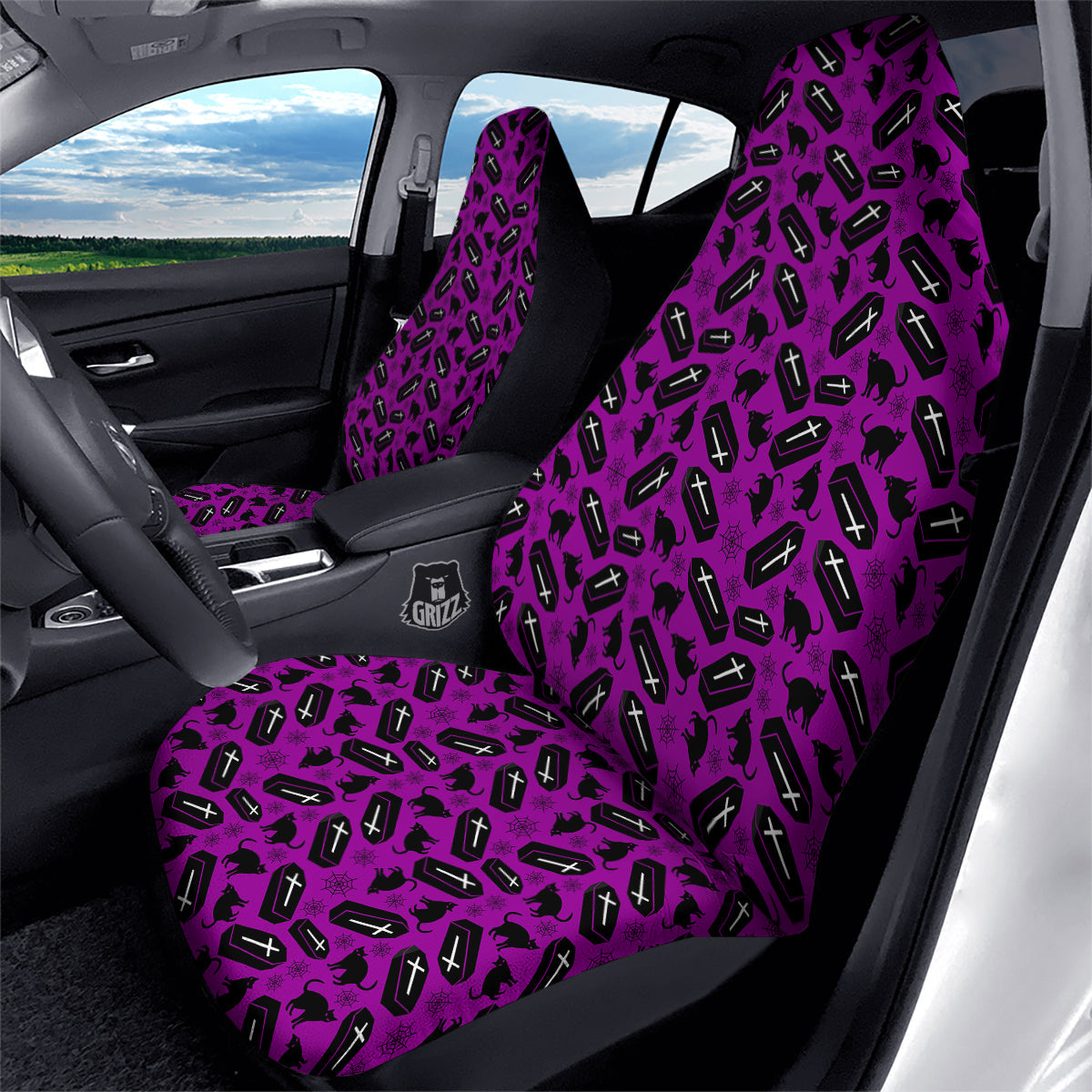 Coffin And Cat Purple Print Pattern Car Seat Covers-grizzshop