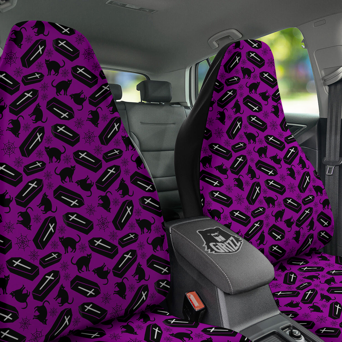 Coffin And Cat Purple Print Pattern Car Seat Covers-grizzshop