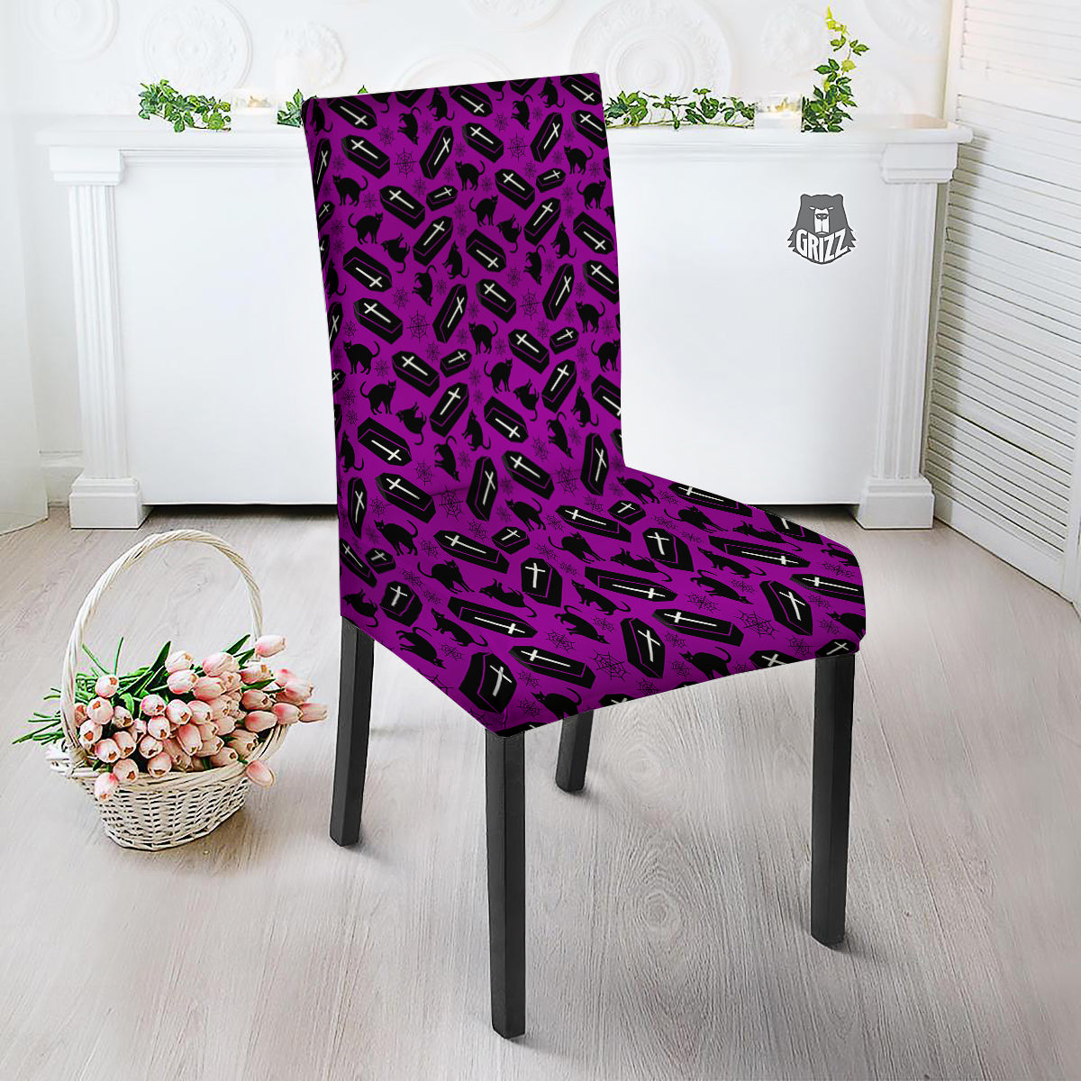 Coffin And Cat Purple Print Pattern Dining Chair Slipcover-grizzshop