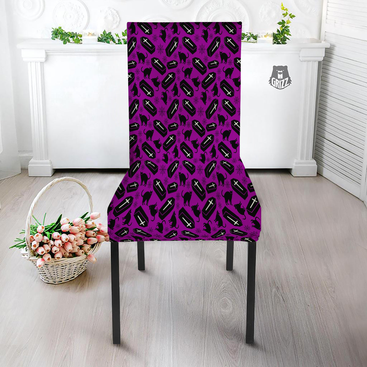 Coffin And Cat Purple Print Pattern Dining Chair Slipcover-grizzshop