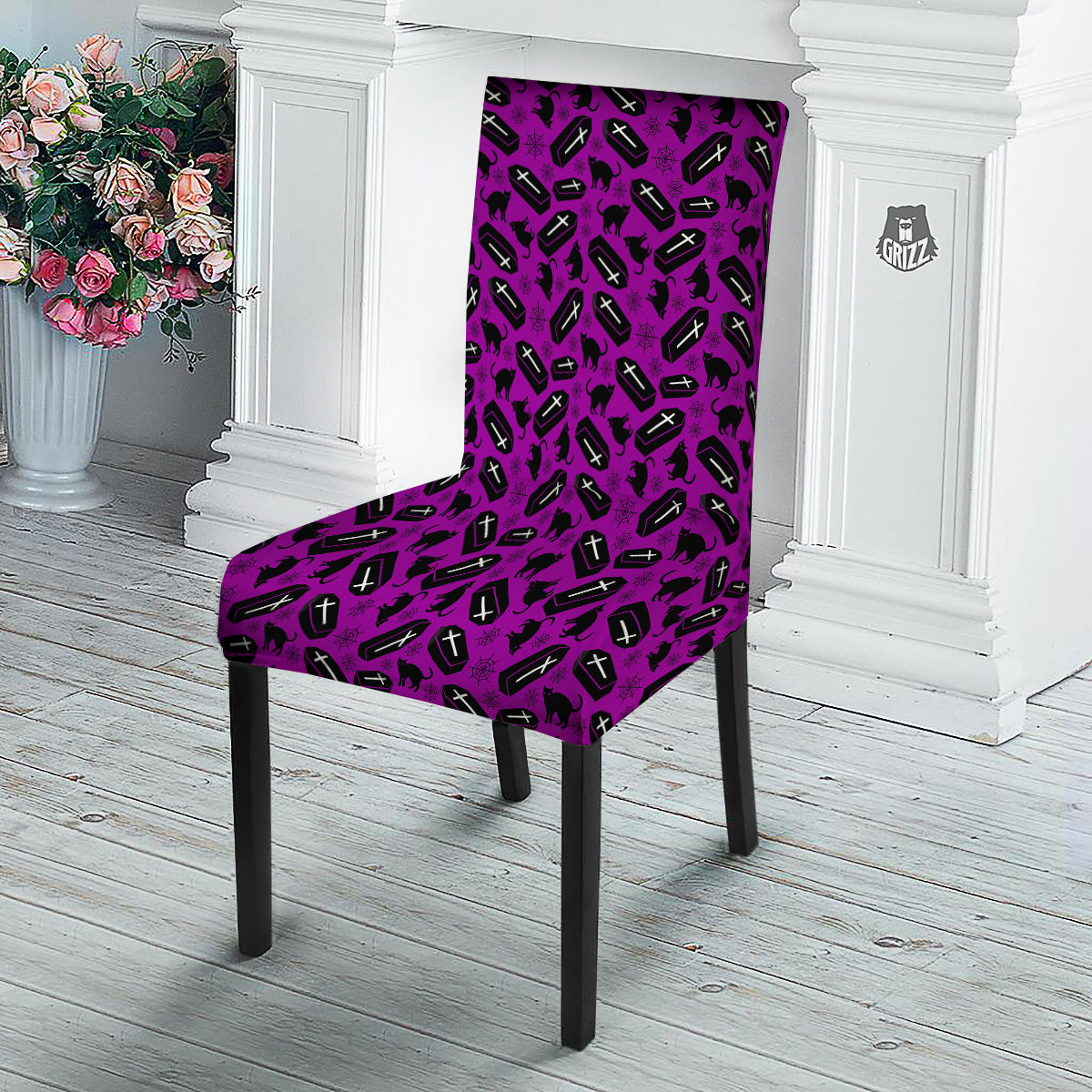 Coffin And Cat Purple Print Pattern Dining Chair Slipcover-grizzshop