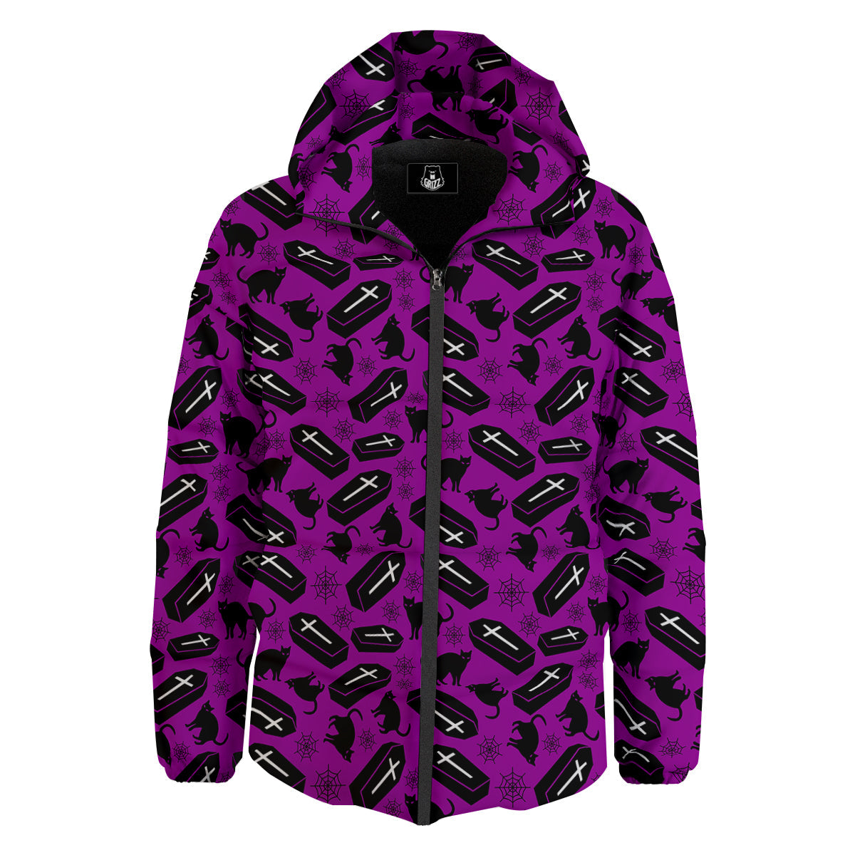 Coffin And Cat Purple Print Pattern Down Jacket-grizzshop