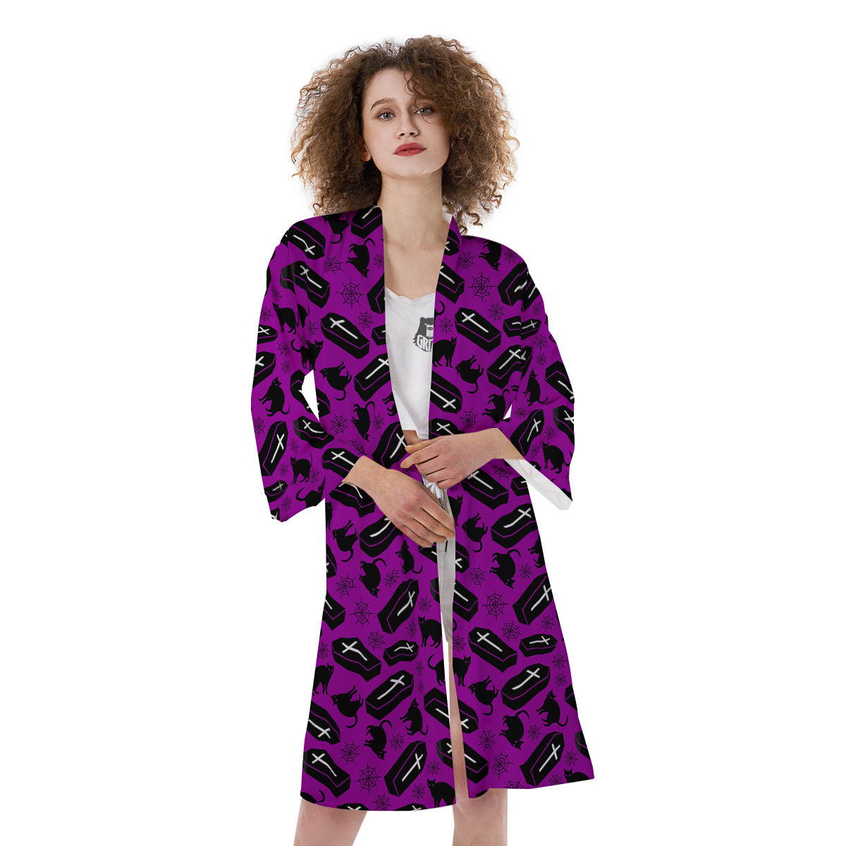 Coffin And Cat Purple Print Pattern Kimono-grizzshop
