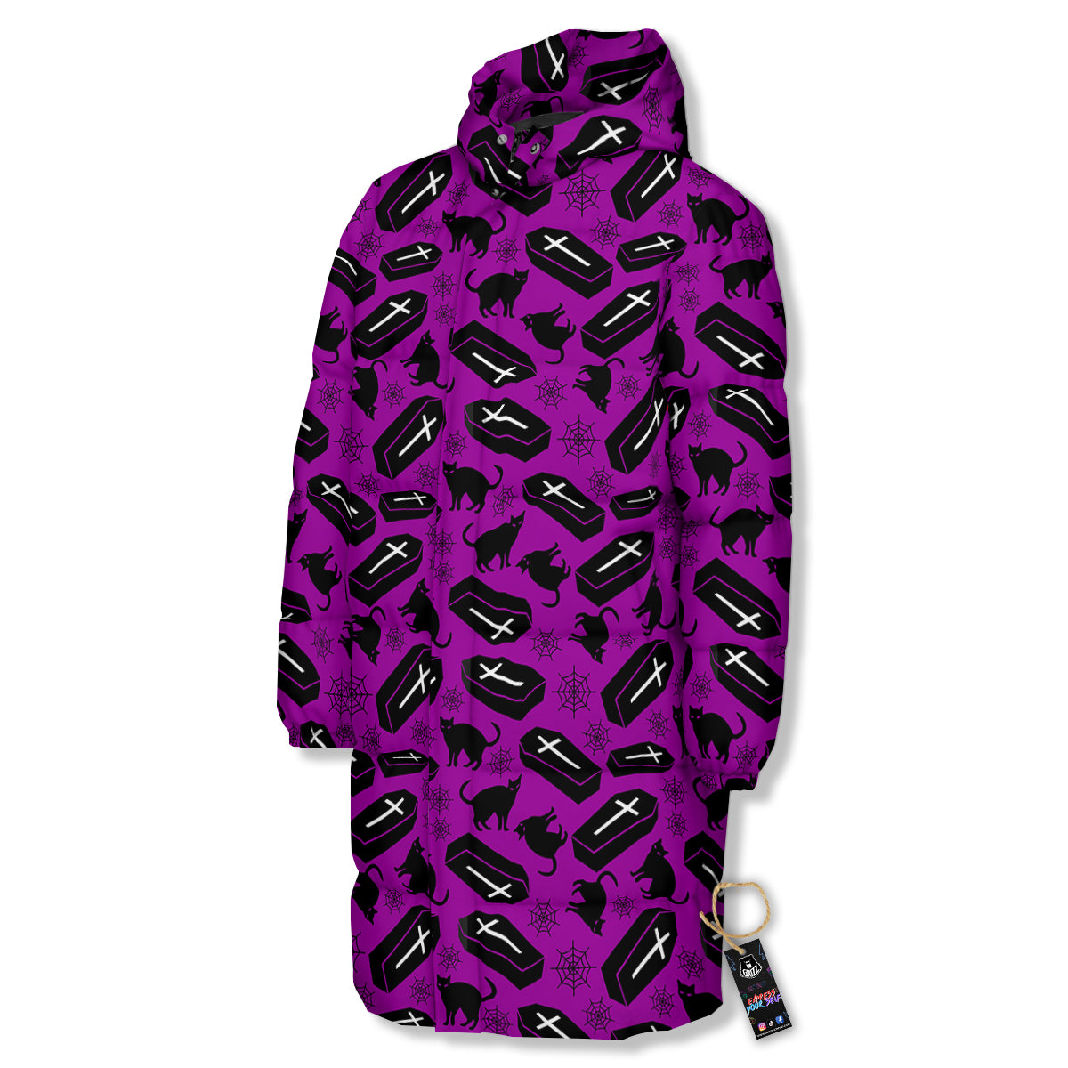 Coffin And Cat Purple Print Pattern Long Down Jacket-grizzshop