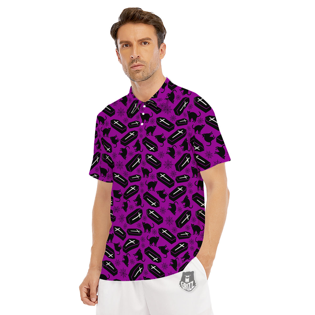 Coffin And Cat Purple Print Pattern Men's Golf Shirts-grizzshop