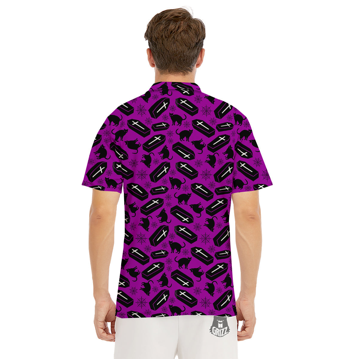 Coffin And Cat Purple Print Pattern Men's Golf Shirts-grizzshop