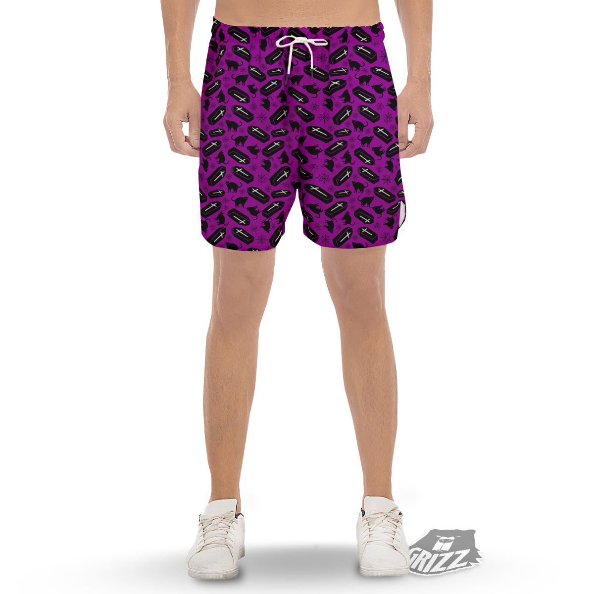 Coffin And Cat Purple Print Pattern Men's Gym Shorts-grizzshop