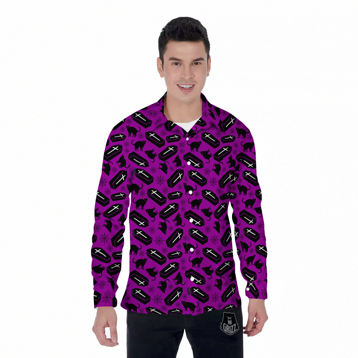 Coffin And Cat Purple Print Pattern Men's Long Sleeve Shirts-grizzshop