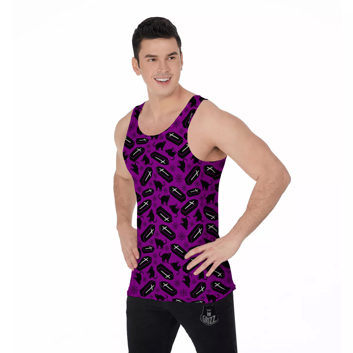 Coffin And Cat Purple Print Pattern Men's Tank Top-grizzshop