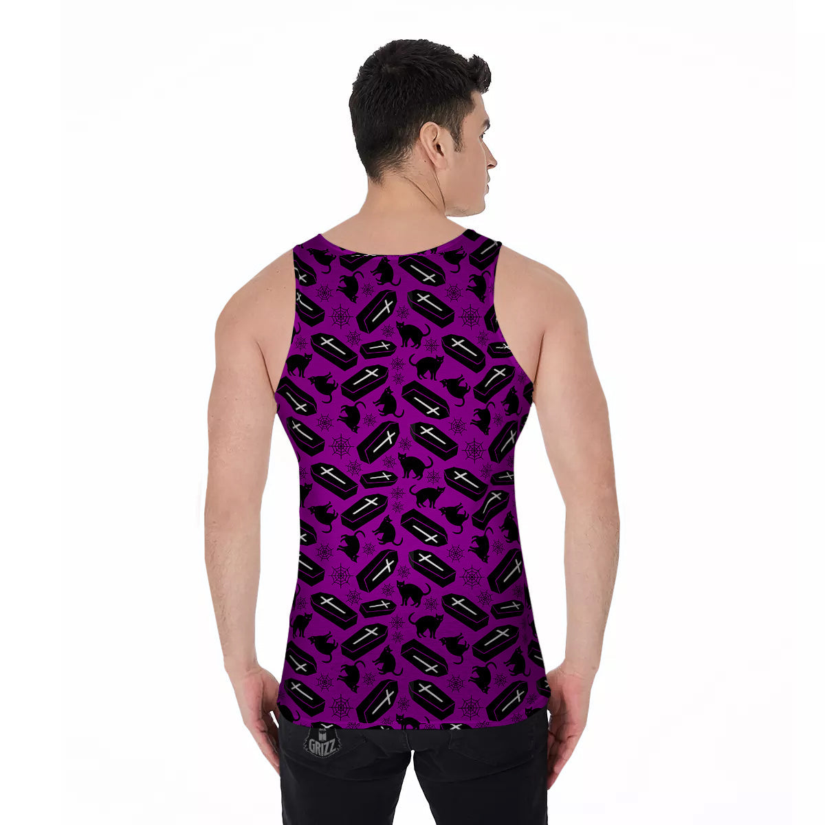 Coffin And Cat Purple Print Pattern Men's Tank Top-grizzshop