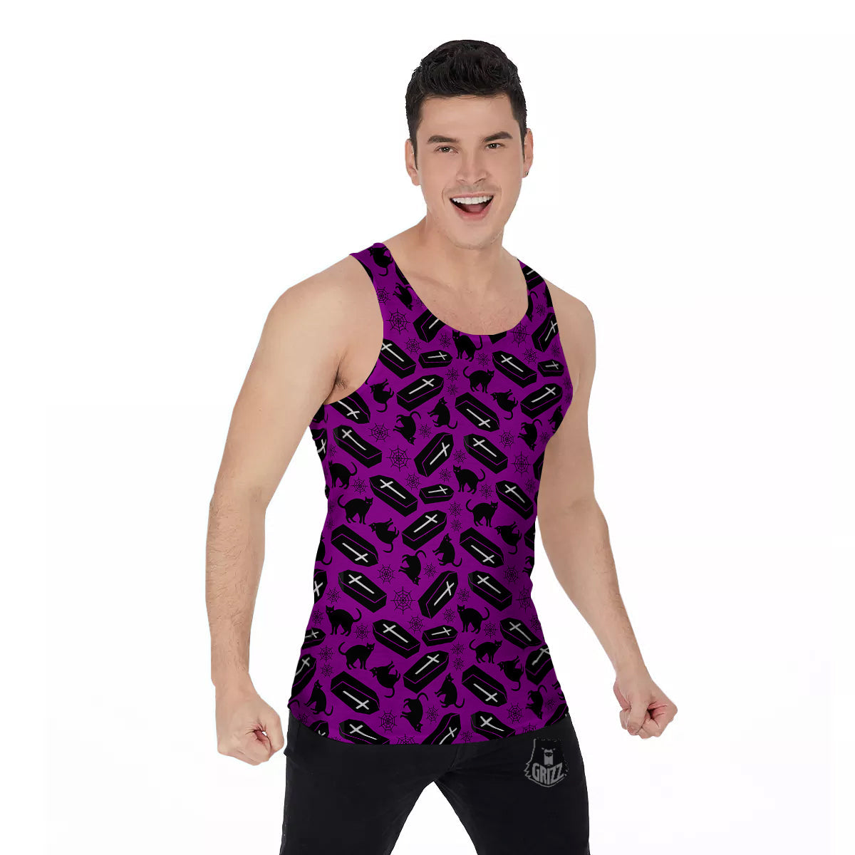 Coffin And Cat Purple Print Pattern Men's Tank Top-grizzshop