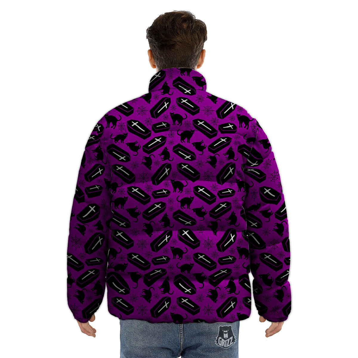 Coffin And Cat Purple Print Pattern Puffer Jacket-grizzshop