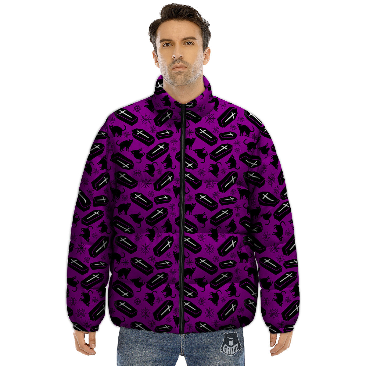 Coffin And Cat Purple Print Pattern Puffer Jacket-grizzshop