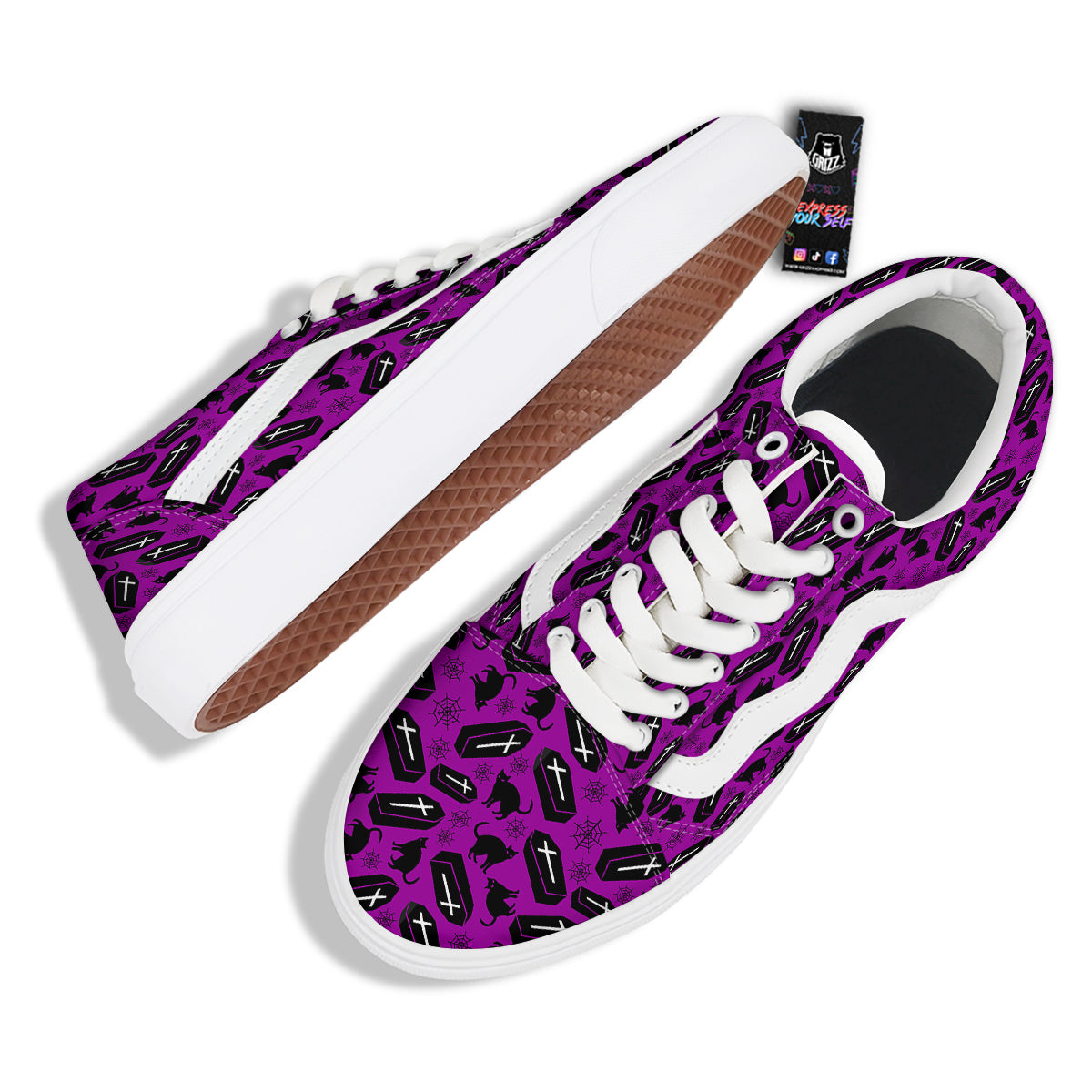 Coffin And Cat Purple Print Pattern Skate Shoes-grizzshop