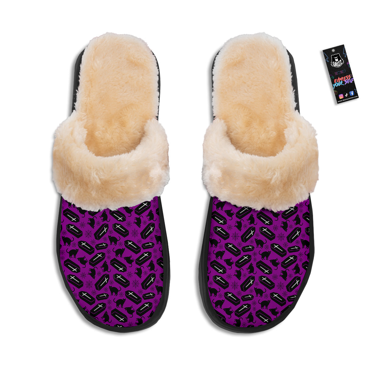 Coffin And Cat Purple Print Pattern Slippers-grizzshop