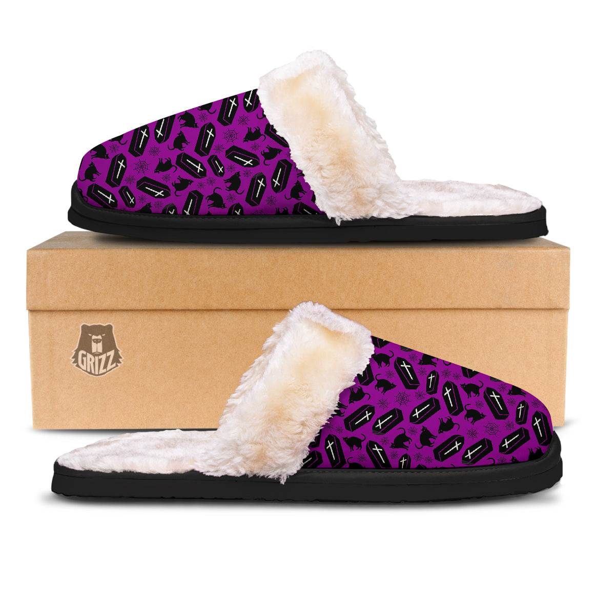 Coffin And Cat Purple Print Pattern Slippers-grizzshop