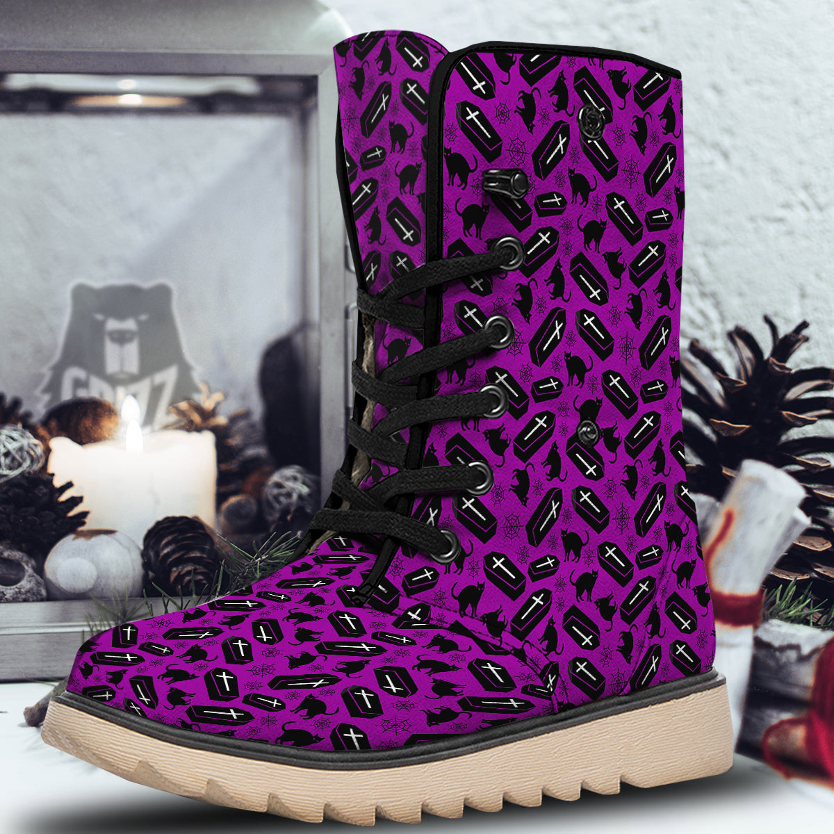 Coffin And Cat Purple Print Pattern Snow Boots-grizzshop