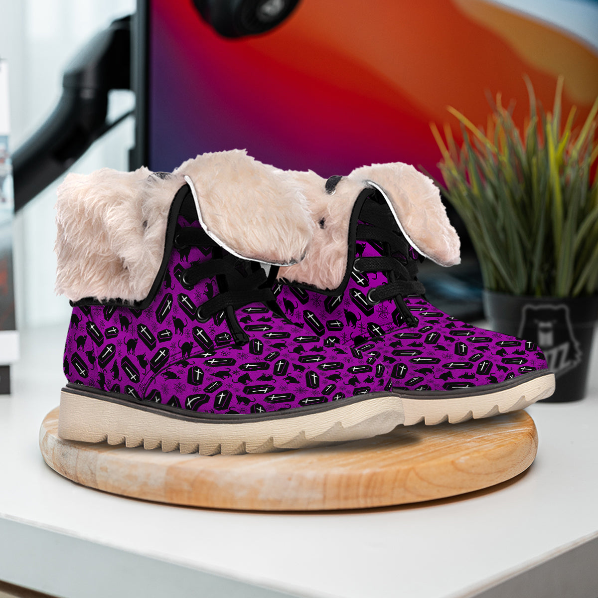 Coffin And Cat Purple Print Pattern Snow Boots-grizzshop
