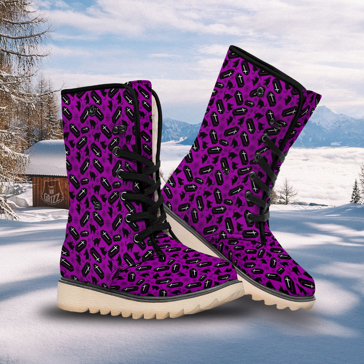 Coffin And Cat Purple Print Pattern Snow Boots-grizzshop