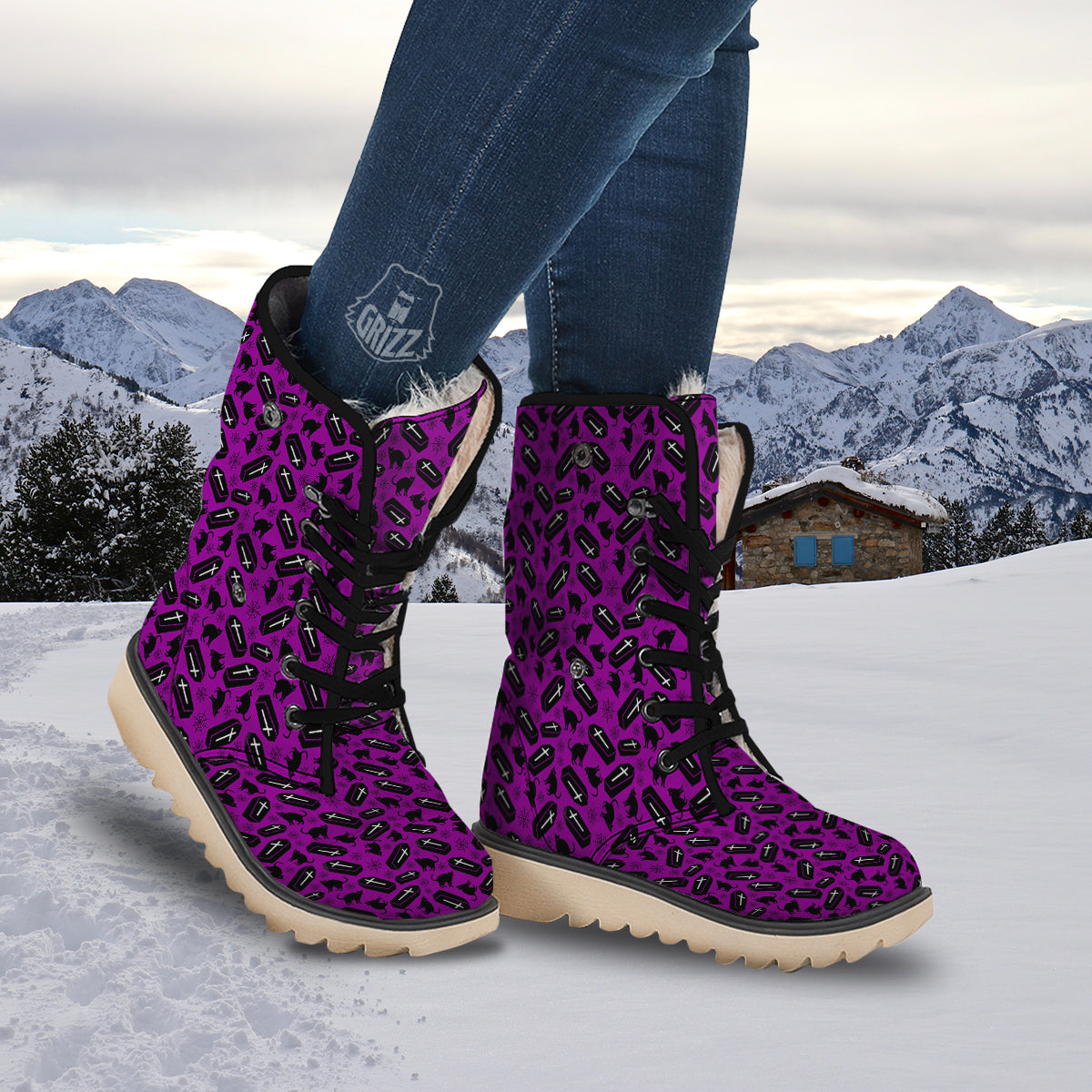 Coffin And Cat Purple Print Pattern Snow Boots-grizzshop