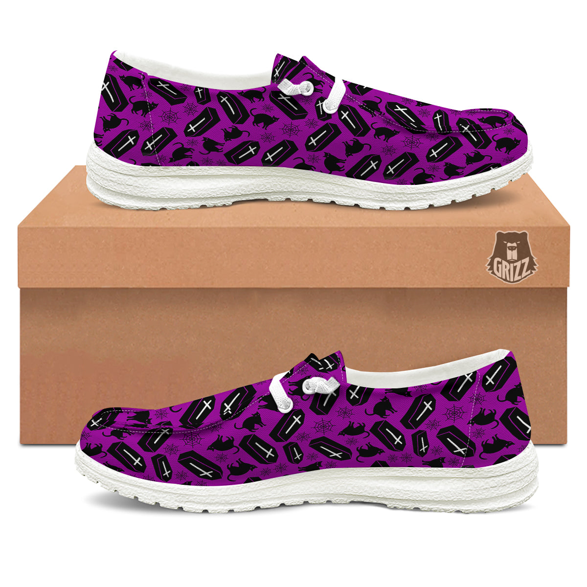 Coffin And Cat Purple Print Pattern White Loafers-grizzshop