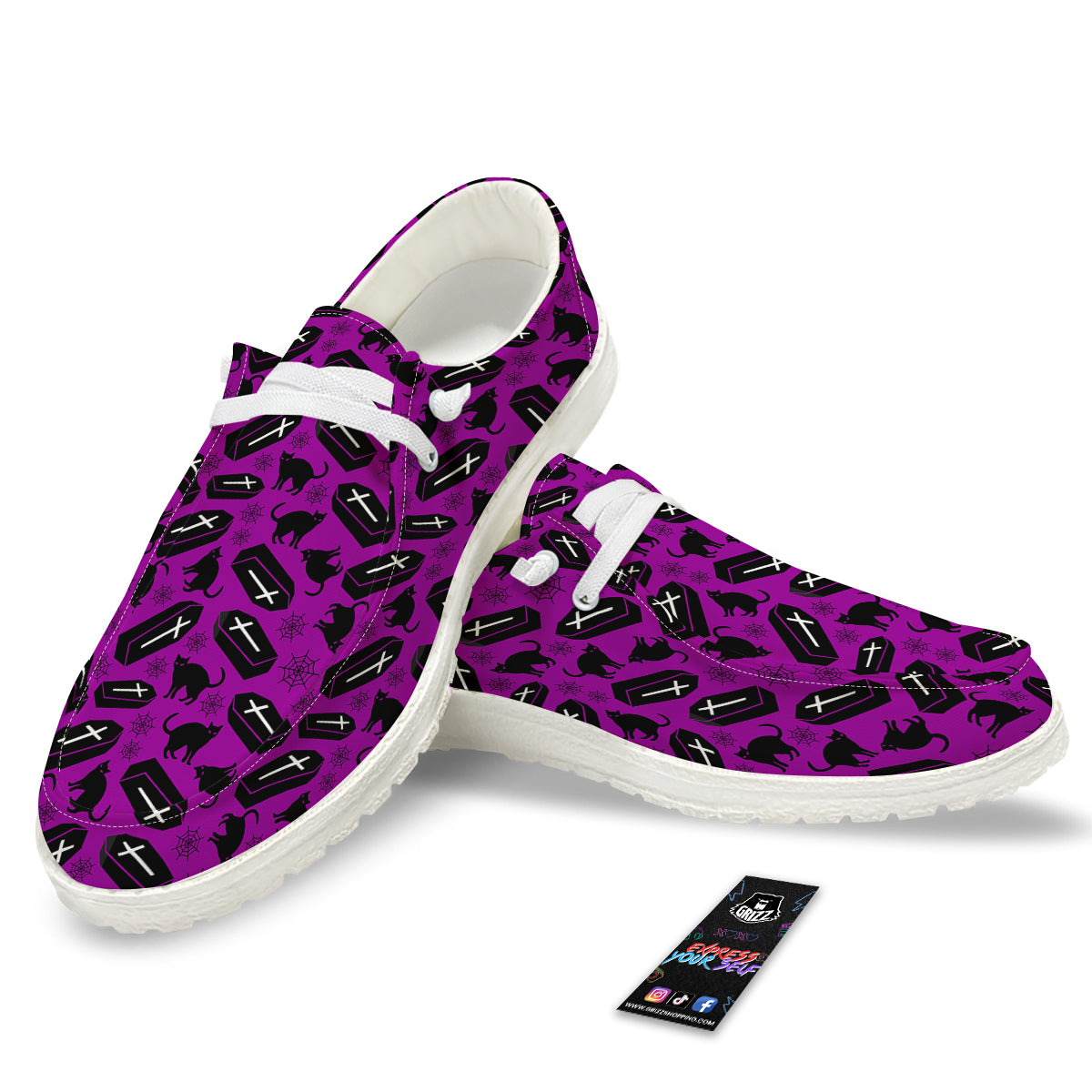 Coffin And Cat Purple Print Pattern White Loafers-grizzshop