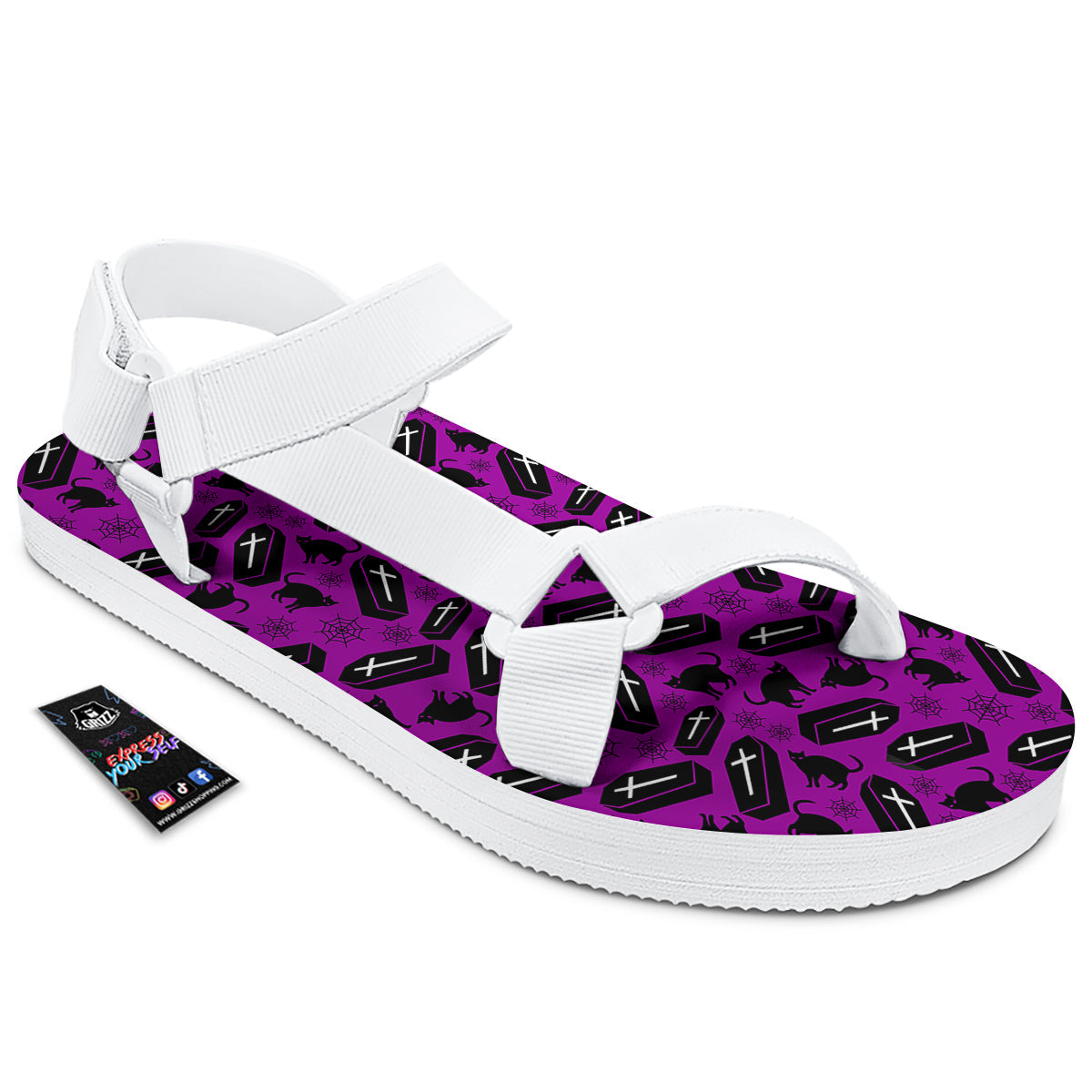 Coffin And Cat Purple Print Pattern White Open Toe Sandals-grizzshop