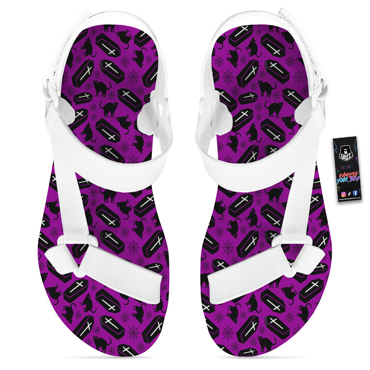 Coffin And Cat Purple Print Pattern White Open Toe Sandals-grizzshop
