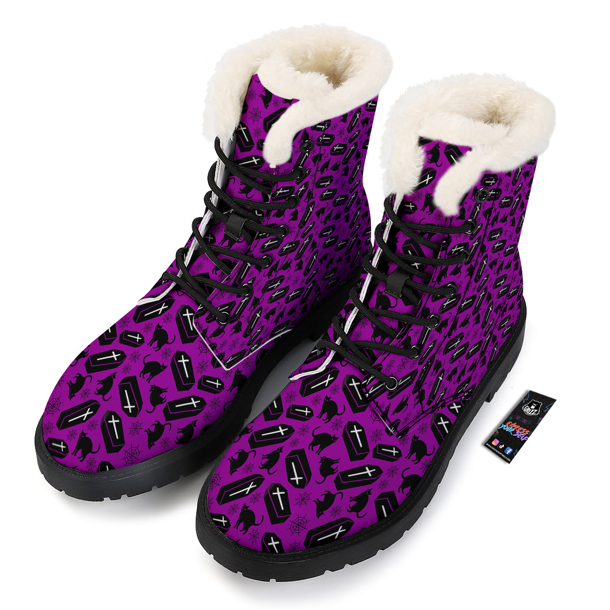 Coffin And Cat Purple Print Pattern Winter Boots-grizzshop