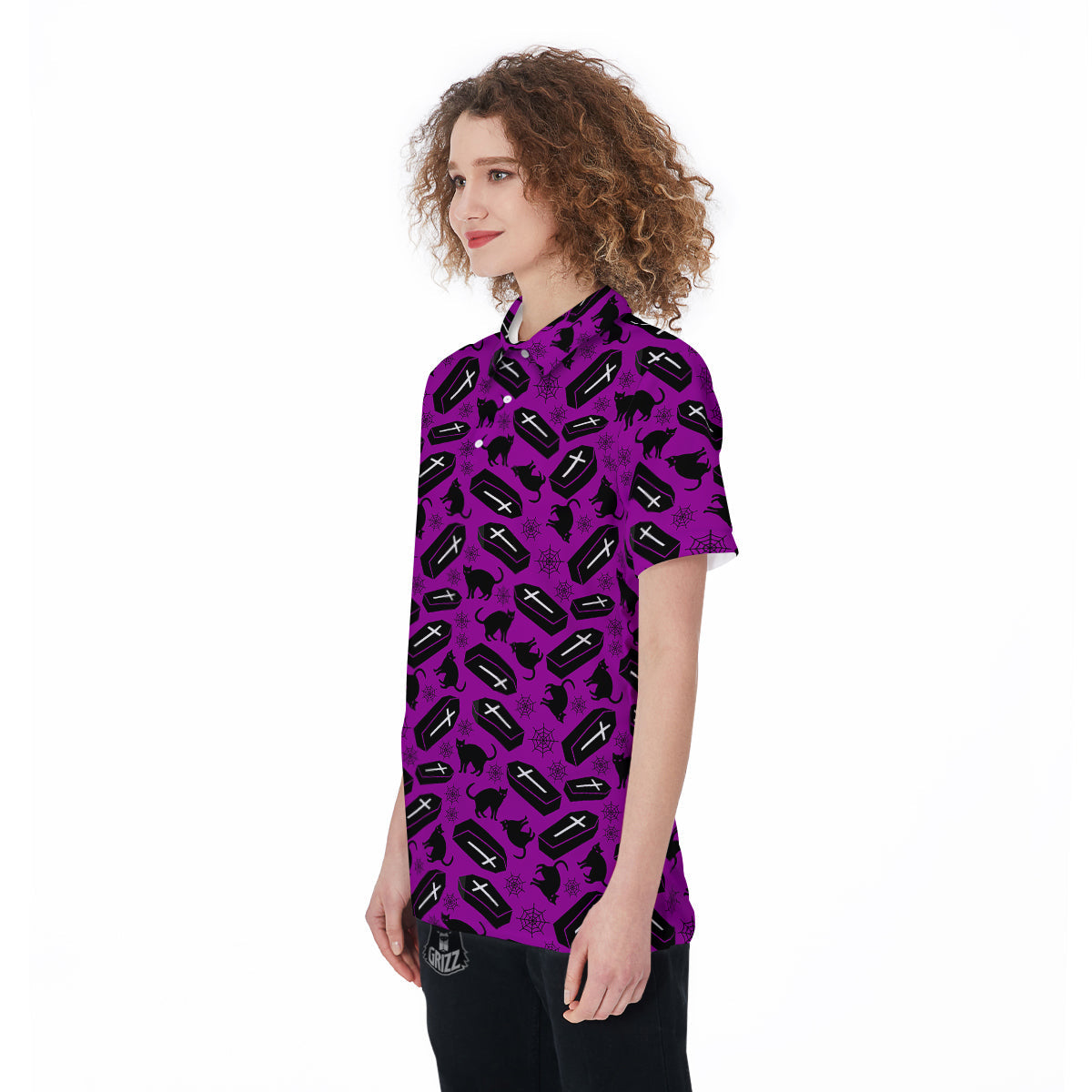 Coffin And Cat Purple Print Pattern Women's Golf Shirts-grizzshop