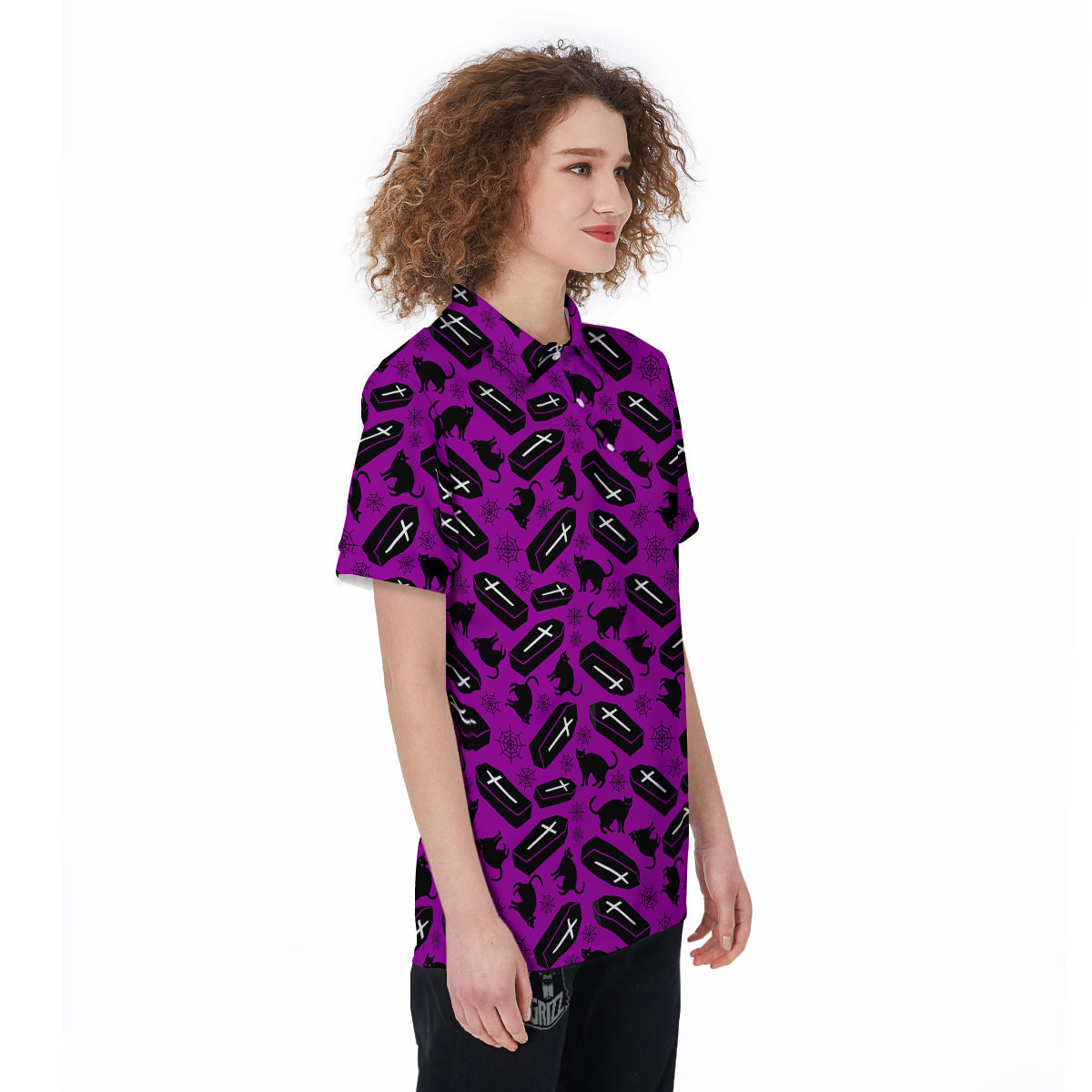 Coffin And Cat Purple Print Pattern Women's Golf Shirts-grizzshop