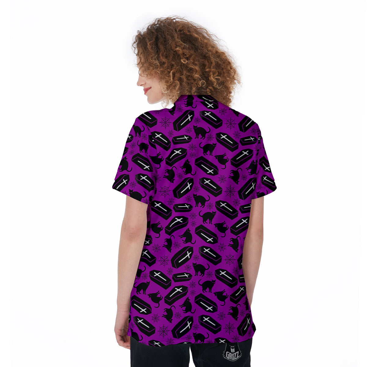 Coffin And Cat Purple Print Pattern Women's Golf Shirts-grizzshop