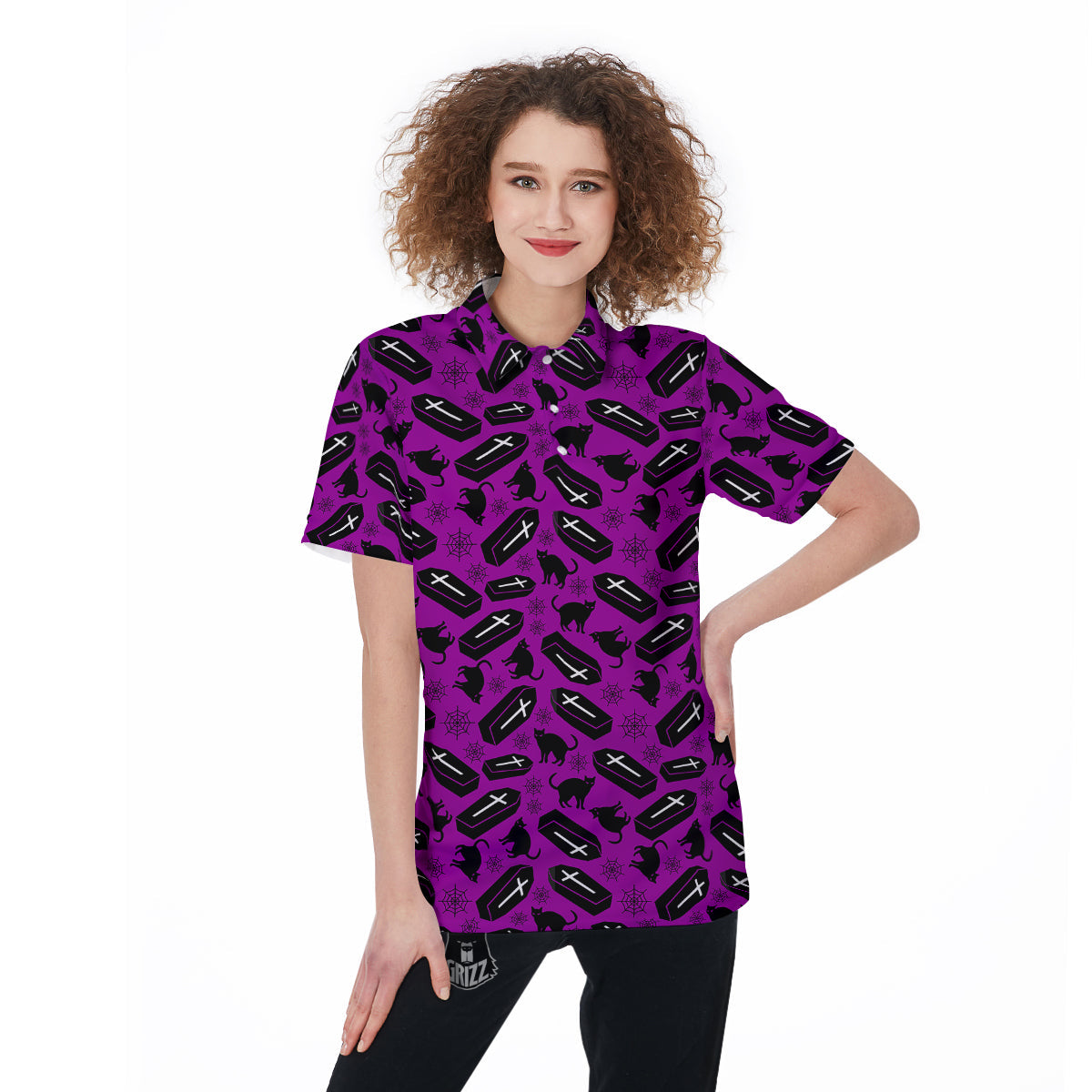 Coffin And Cat Purple Print Pattern Women's Golf Shirts-grizzshop
