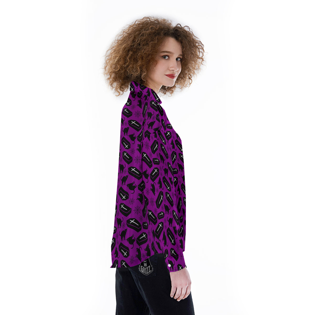 Coffin And Cat Purple Print Pattern Women's Long Sleeve Shirts-grizzshop