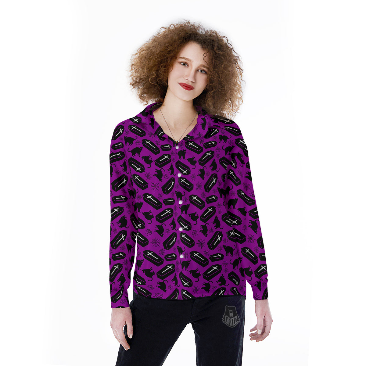 Coffin And Cat Purple Print Pattern Women's Long Sleeve Shirts-grizzshop