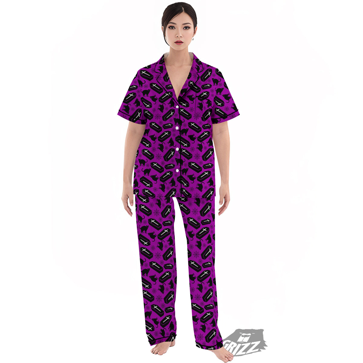 Coffin And Cat Purple Print Pattern Women's Pajamas Set-grizzshop
