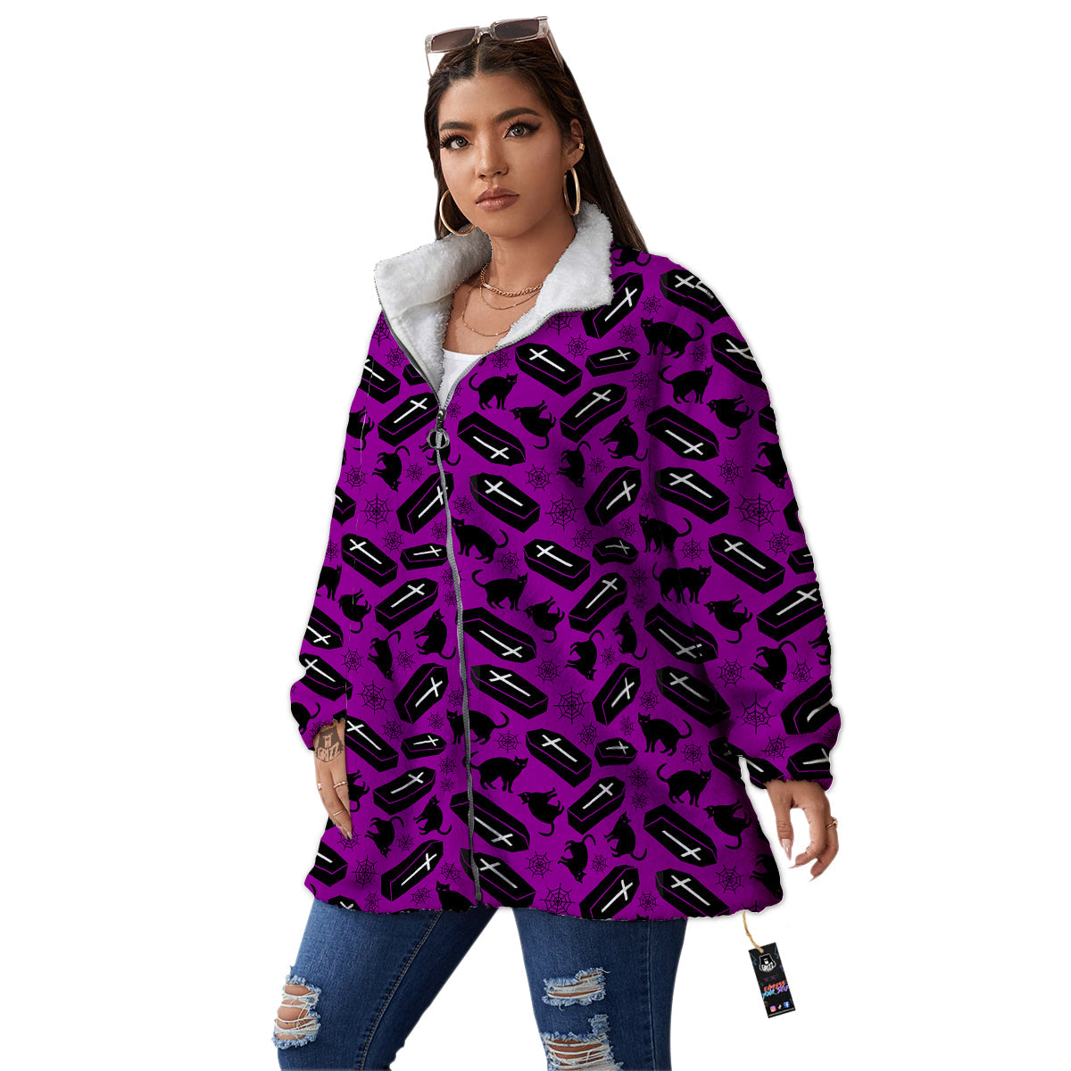 Coffin And Cat Purple Print Pattern Women's Sherpa Jacket-grizzshop